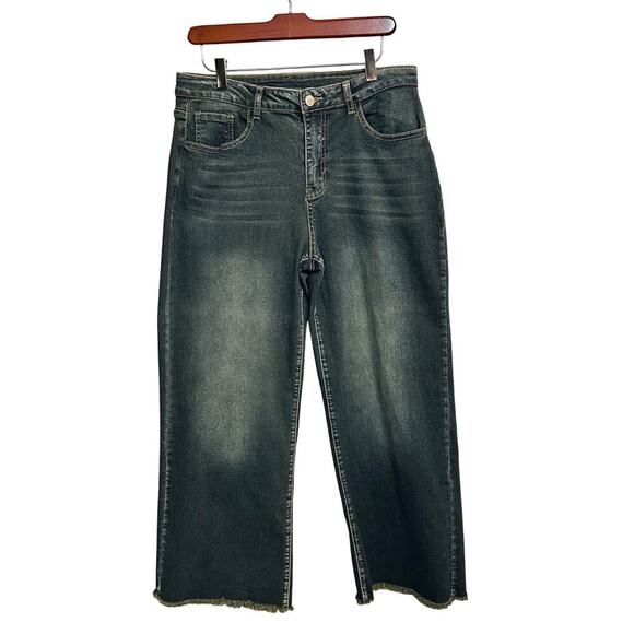 Flamingo Women's L Dark Wash Straight Leg Jeans Mid Waist Raw Hem - Picture 1 of 6